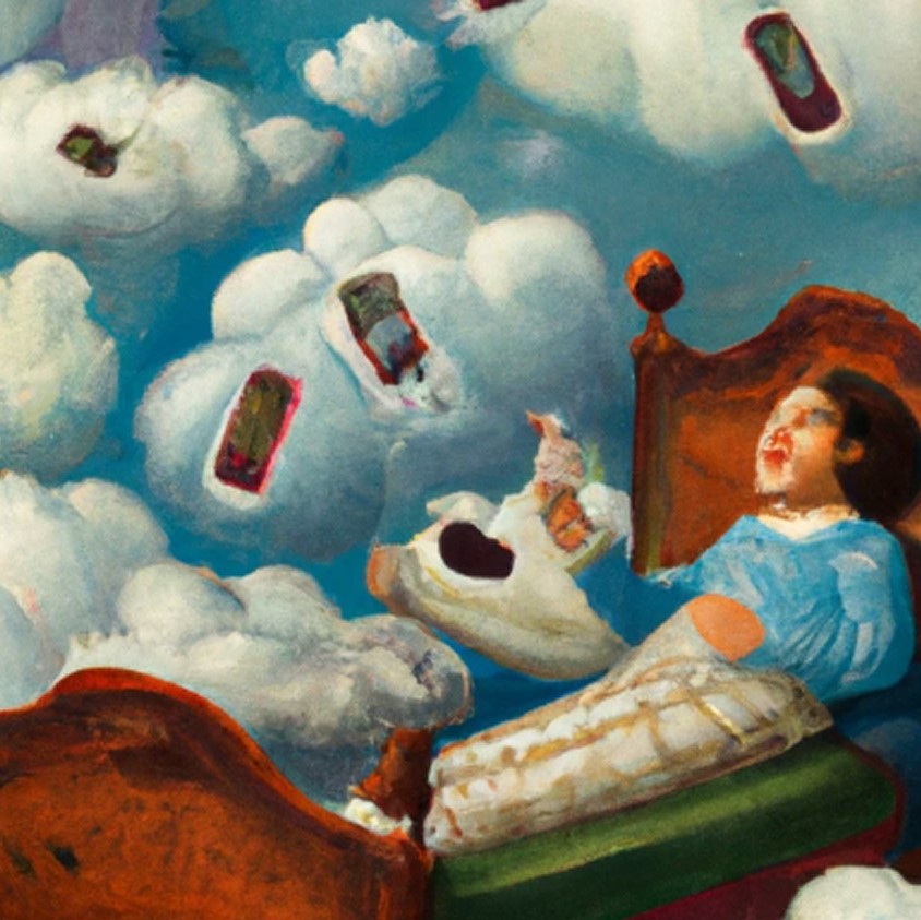Decoratief: Dall-E render van de tekst "a sky filled with smartphones above a bed where a child is looking at a smartphone, classical art painting"