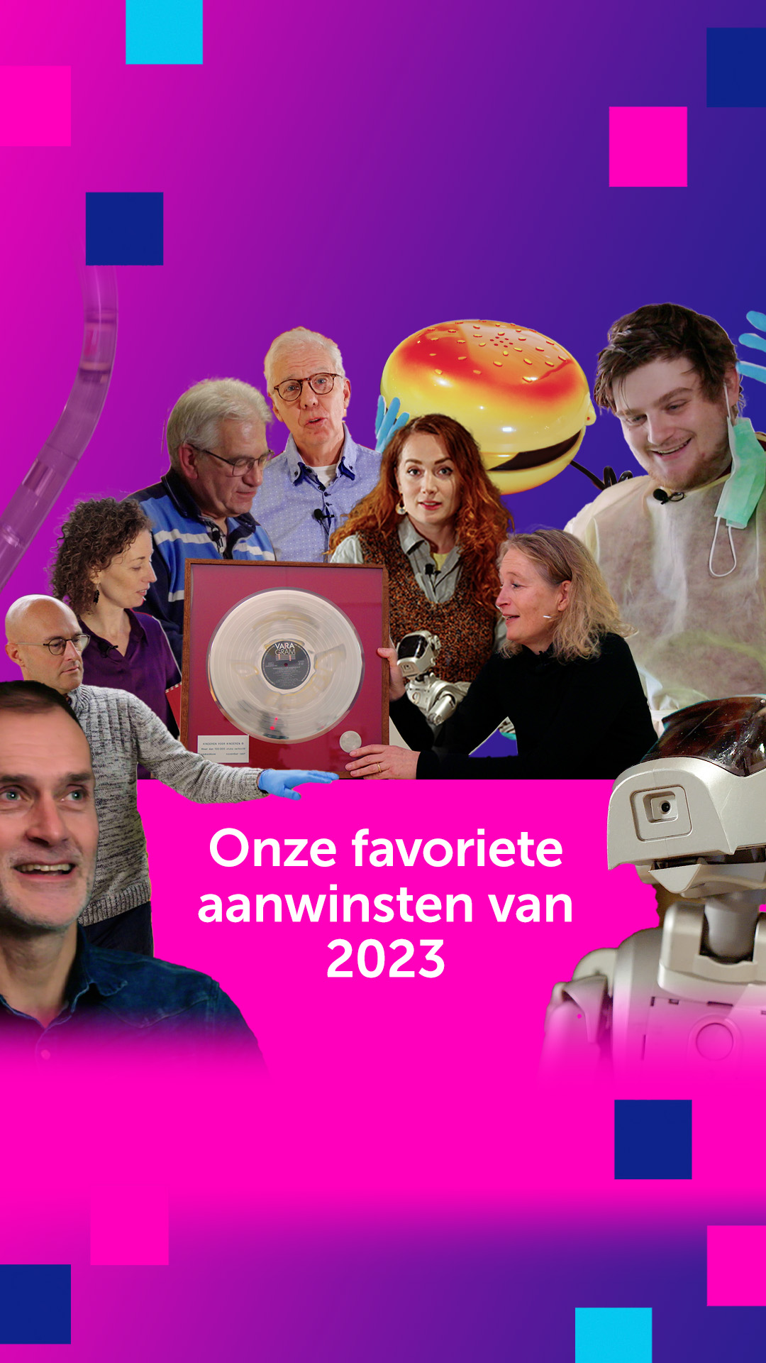 Thumbnail Favo aanwinst met collega's in beeld en een platina plaat van Kinderen voor Kinderen, hamburger phone en de AIBO robothond