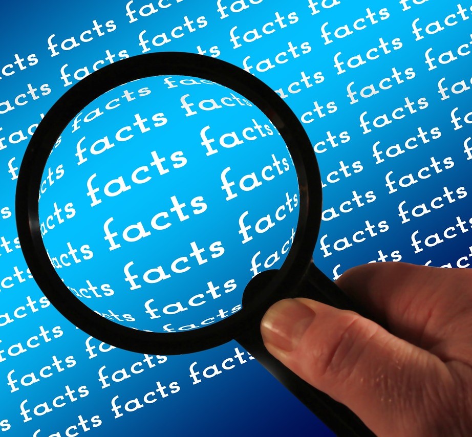 Stockfoto van Pixabay met blauw scherm waar continue het woord 'fact' voorbij komt en een hand er een loep voor houdt