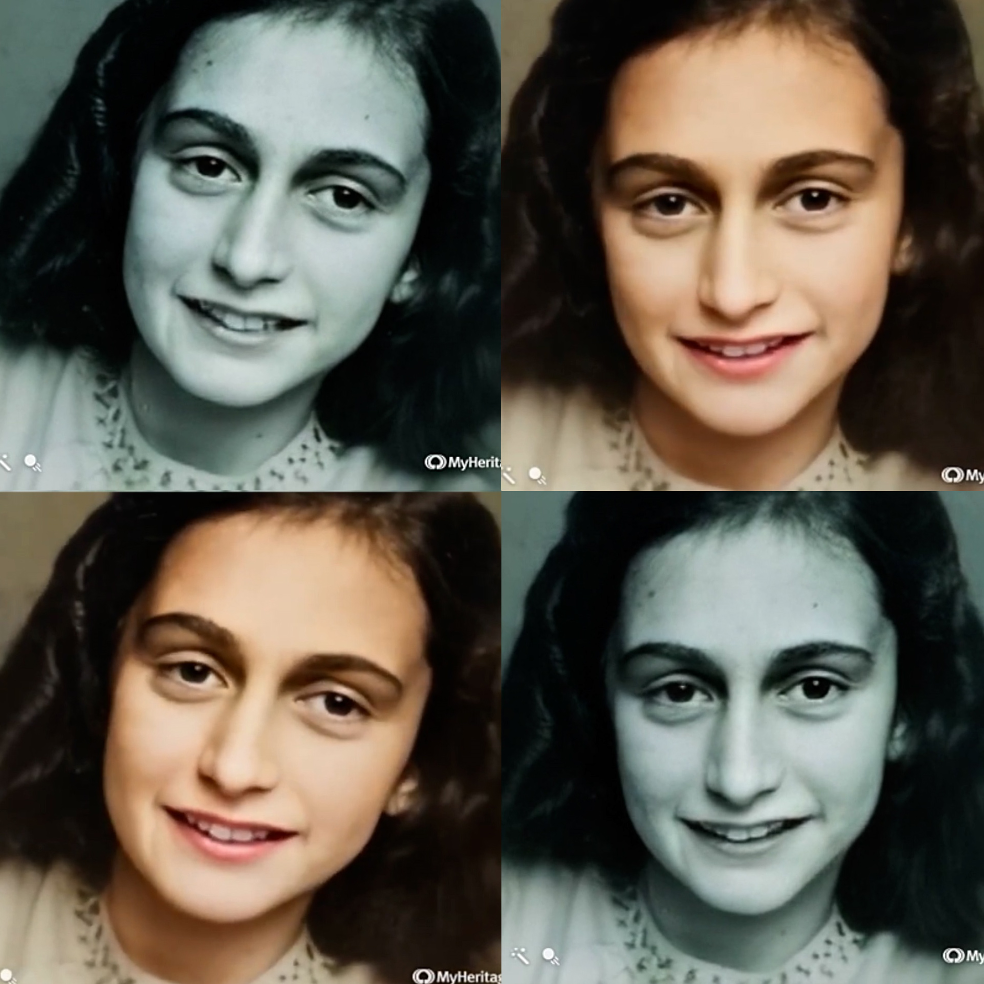 Vier foto's van Anne Frank, waarbij je linksboven en rechtsonder de zwart-wit versie ziet, maar deze is wel bewogen en dus geanimeerd. Linksonder en rechtsboven dezelfde gezichtshouding, maar nu ook nog eens ingekleurd alsof het levensecht is. 