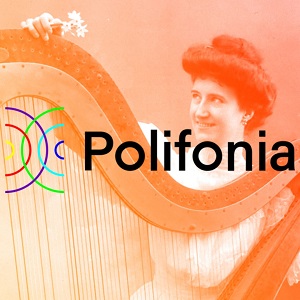Decorative: Polifonia logo and woman with a harp instrument. 