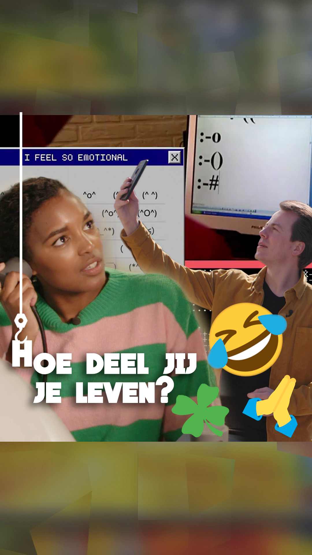 thumbnail of episode 2x04 with host Sosha listening to something through a device, host Kevin's taking a selfie, emoticons from a clover, LOL and a high five while in the background you see computer windows (like from the '90s) and in it characters that make up an emoticon like a colon and a parenthesis close