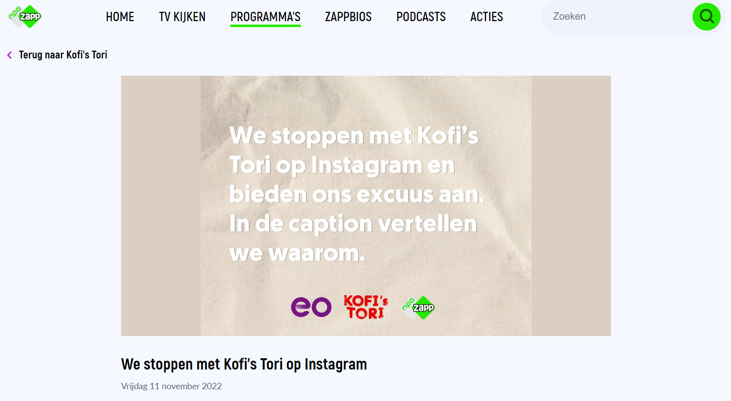 EO biedt excuses aan over jeugdserie Kofi's Tori 